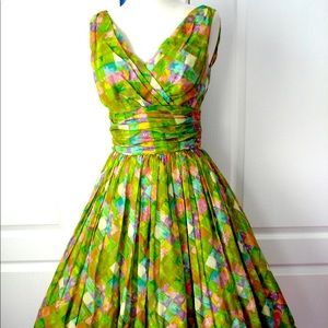 Vintage GREEN+Purple Surplice Bust Dance Dress XS